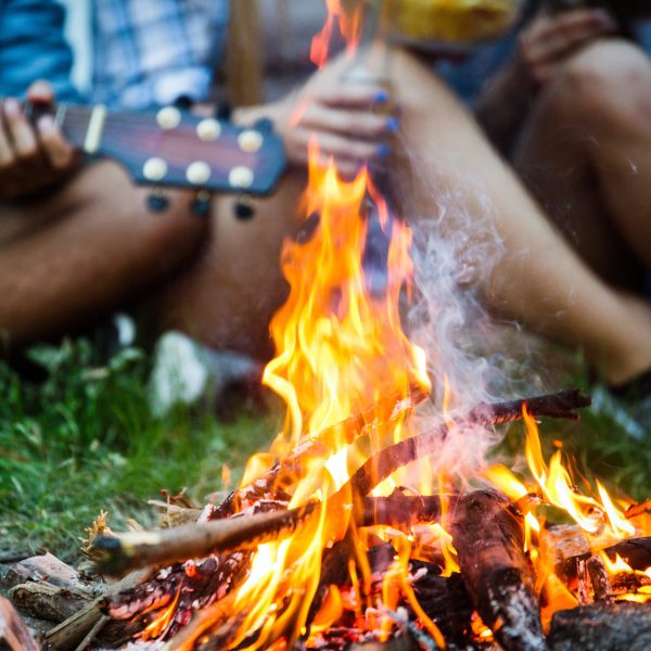 Happy friends playing music and enjoying bonfire in nature